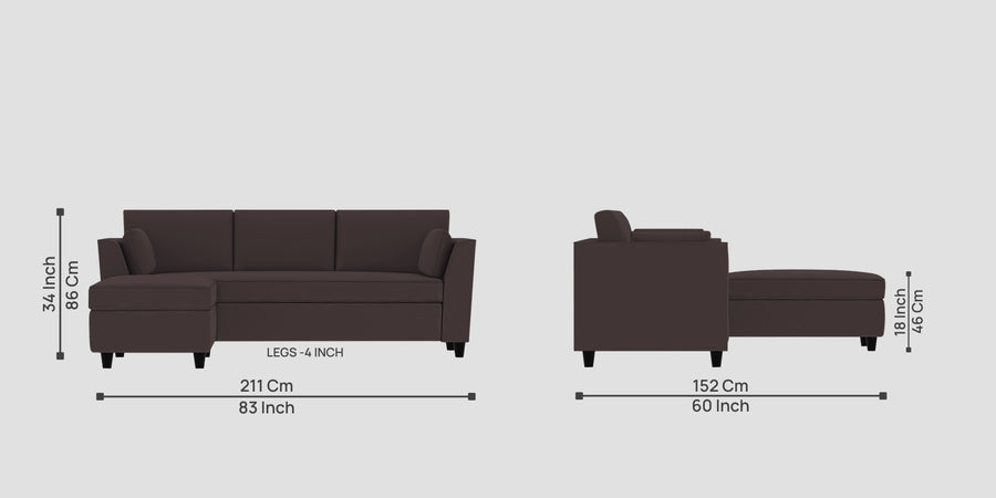 Bristo Velvet Rhs Sectional Sofa 2 Ottoman Lounger In Mocha Brown Colour - Febonic Living