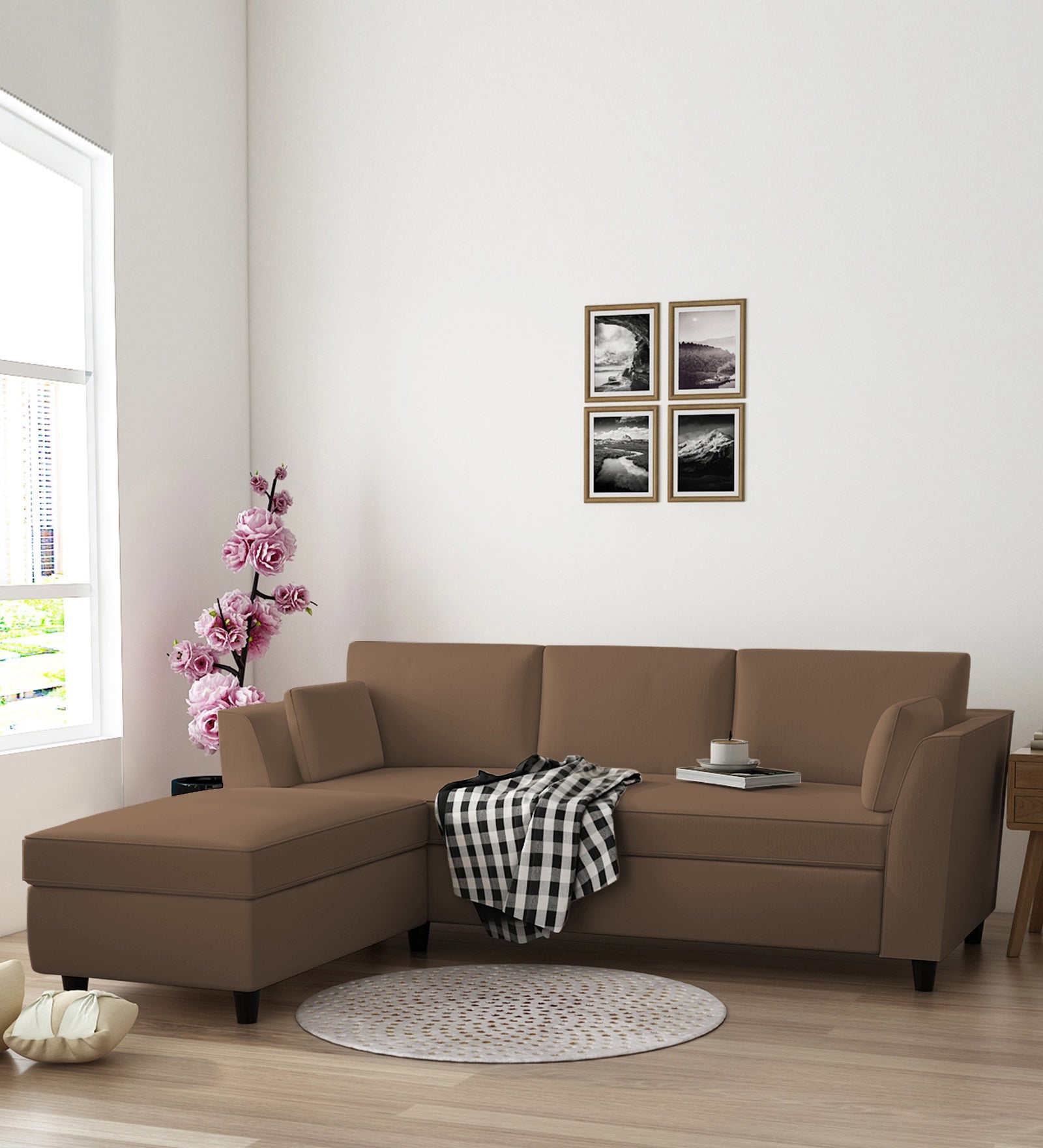 Bristo Velvet RHS Sectional Sofa (2+Ottoman Lounger) In Mocha Mouse Colour - Febonic Living