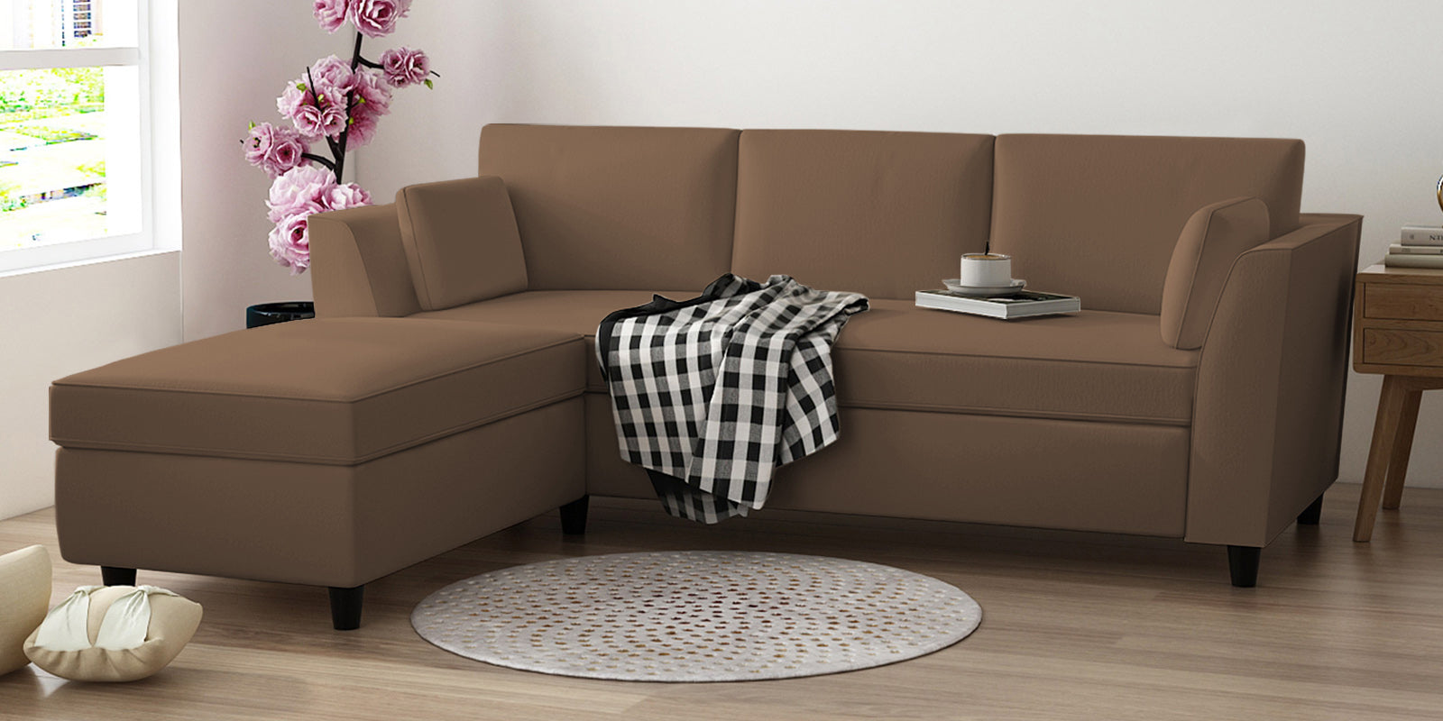 Bristo Velvet RHS Sectional Sofa (2+Ottoman Lounger) In Mocha Mouse Colour - Febonic Living