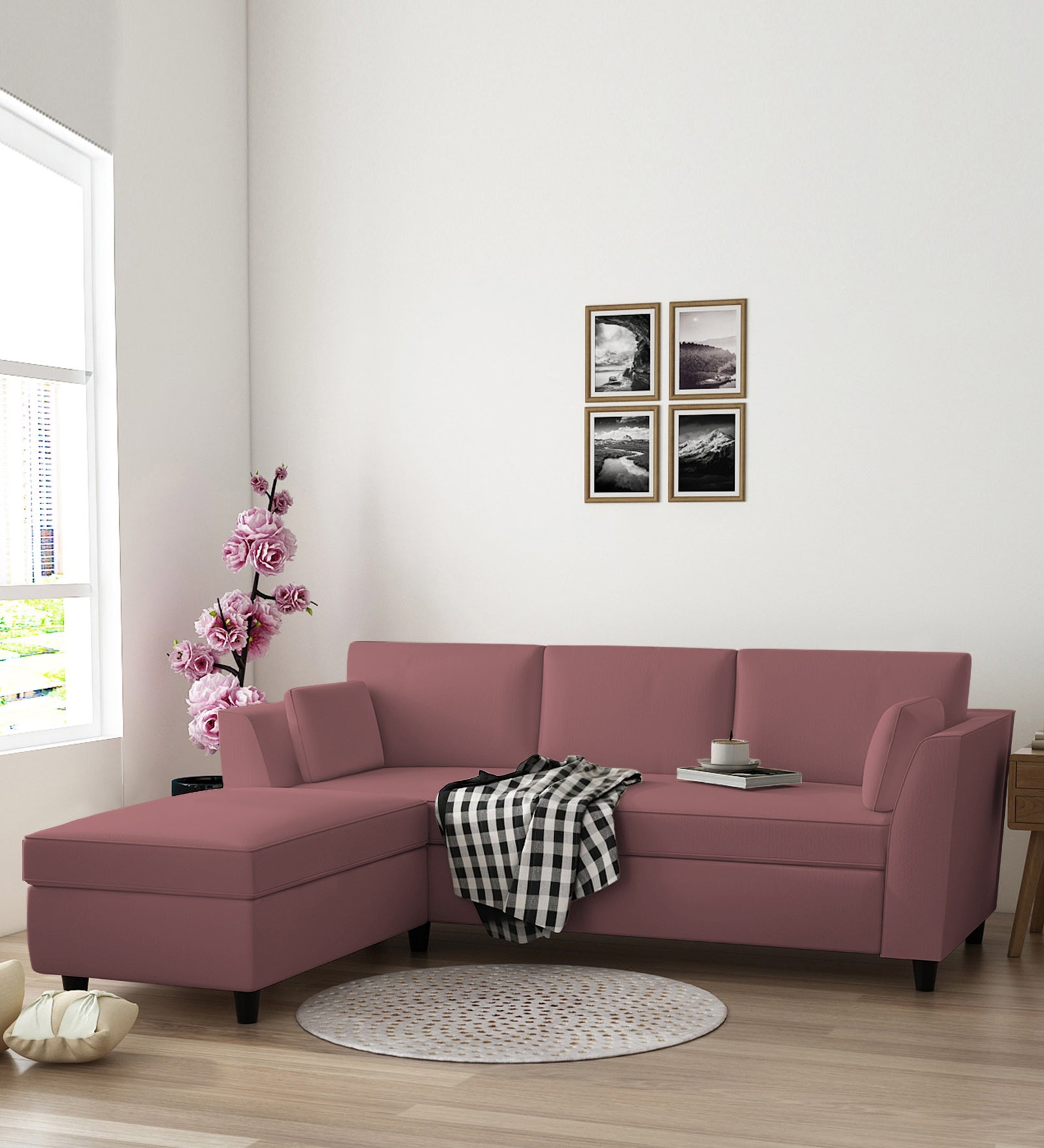 Bristo Velvet RHS Sectional Sofa (2+Ottoman Lounger) In Rose Pink Colour - Febonic Living