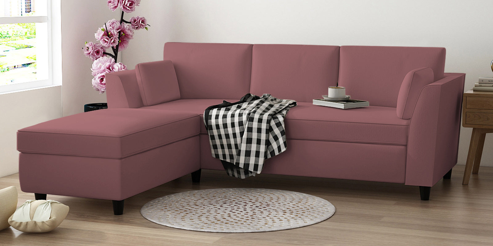 Bristo Velvet RHS Sectional Sofa (2+Ottoman Lounger) In Rose Pink Colour - Febonic Living