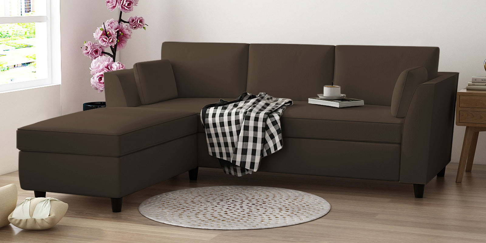 Bristo Velvet RHS Sectional Sofa (2+Ottoman Lounger) In Shade Brown Colour - Febonic Living