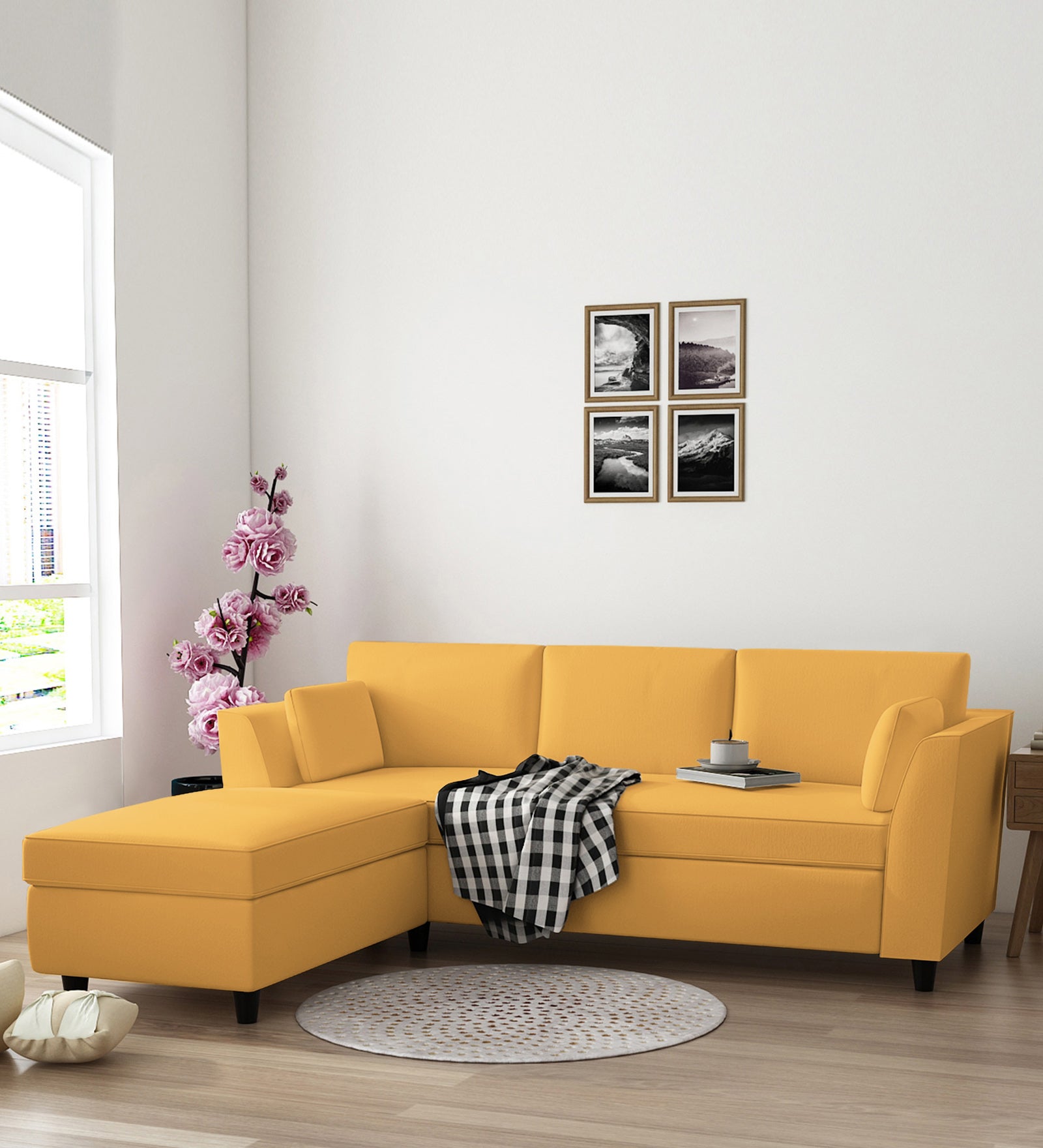 Bristo Velvet RHS Sectional Sofa (2+Ottoman Lounger) In Turmeric Yellow Colour - Febonic Living