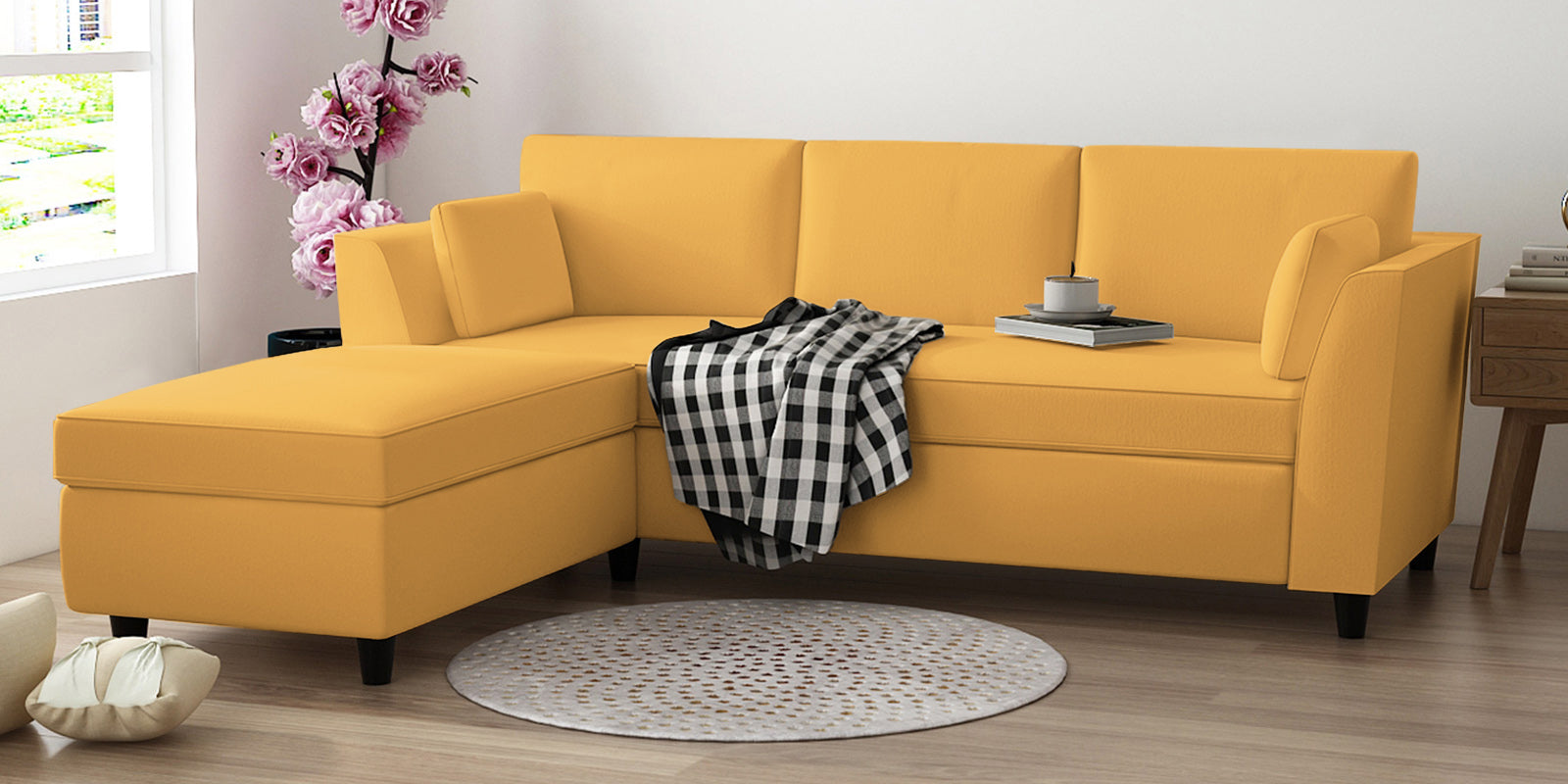 Bristo Velvet RHS Sectional Sofa (2+Ottoman Lounger) In Turmeric Yellow Colour - Febonic Living