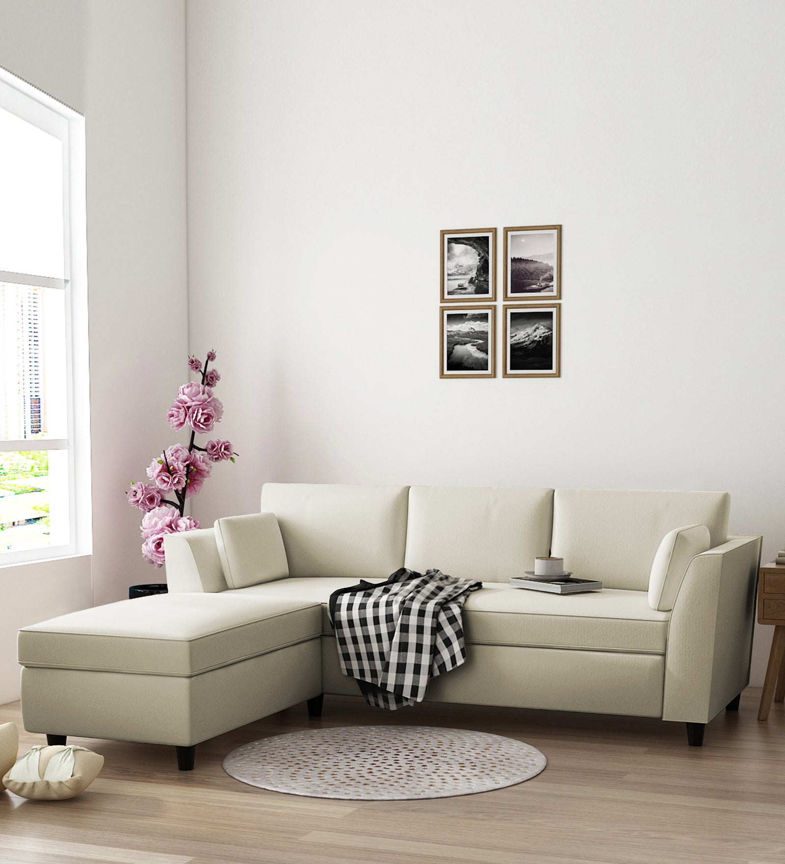 Bristo Velvet RHS Sectional Sofa (2+Ottoman Lounger) In Warm White Colour - Febonic Living