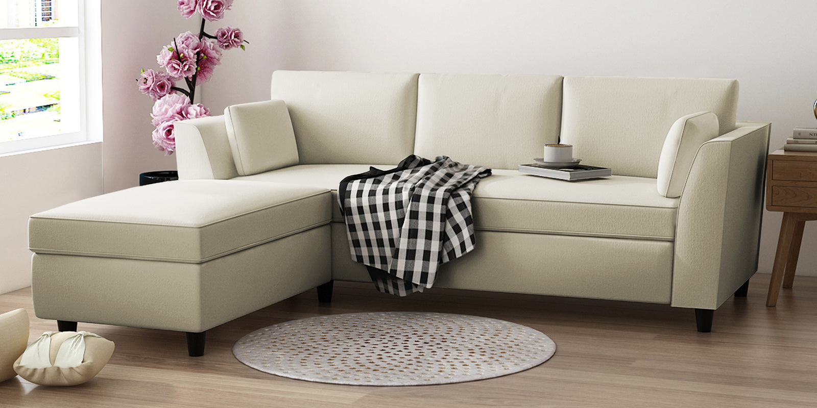Bristo Velvet RHS Sectional Sofa (2+Ottoman Lounger) In Warm White Colour - Febonic Living