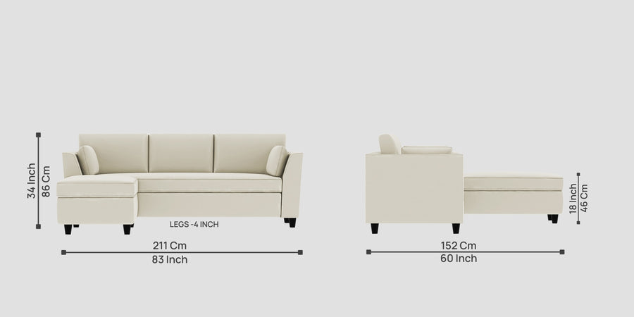 Bristo Velvet Rhs Sectional Sofa 2 Ottoman Lounger In Warm White Colour - Febonic Living