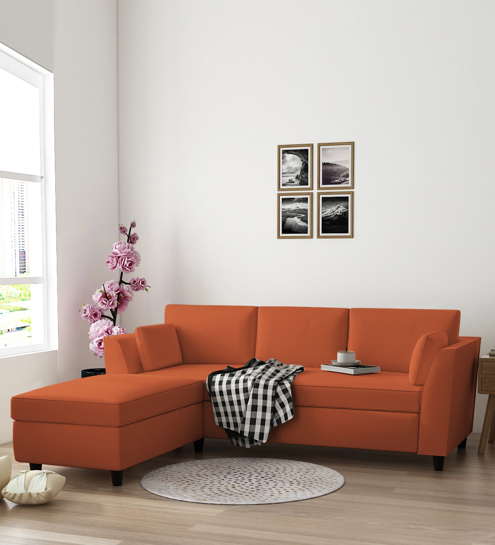 Bristo Velvet RHS Sectional Sofa (2+Ottoman Lounger) In Yam Orange Colour - Febonic Living