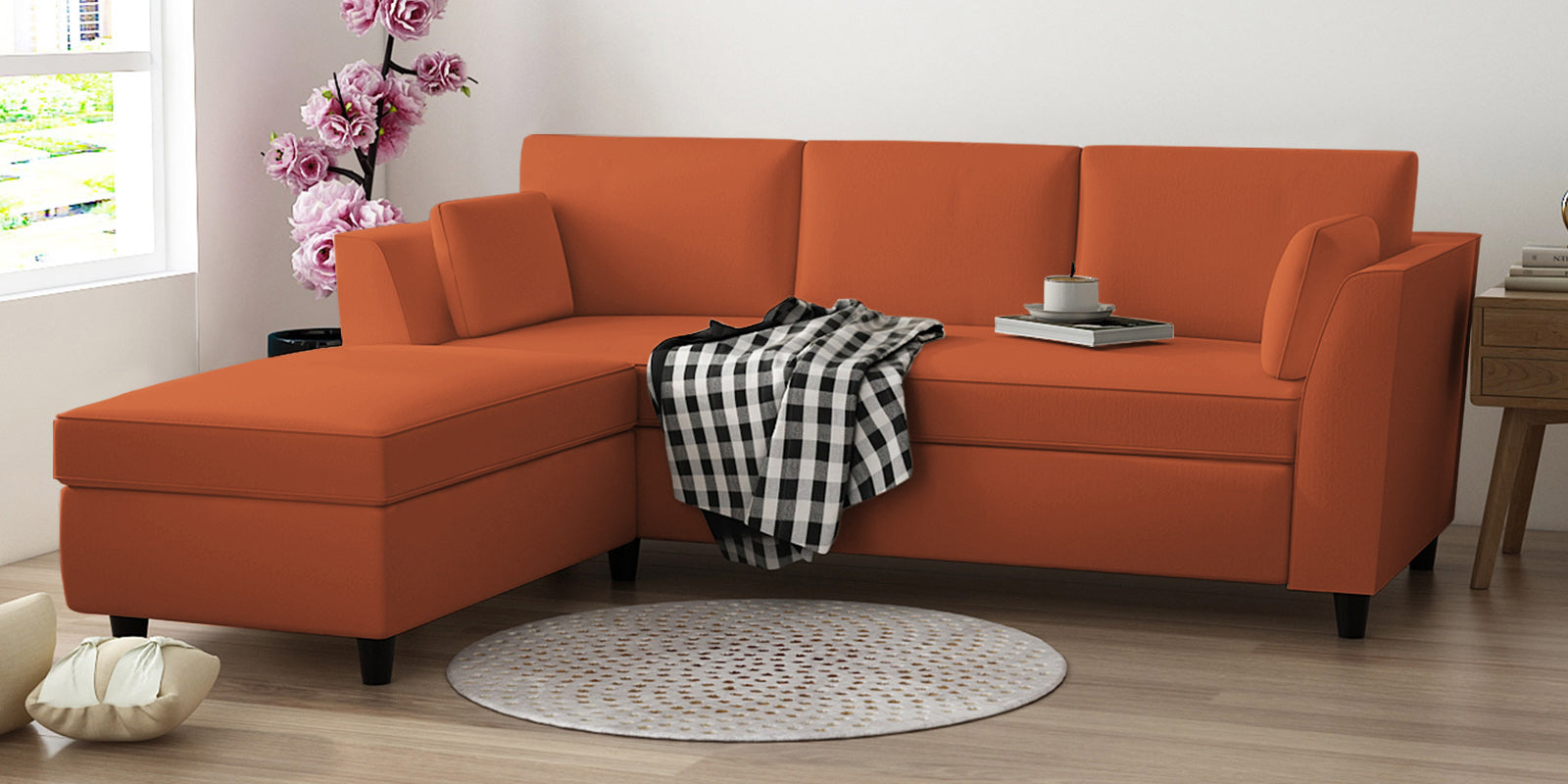 Bristo Velvet RHS Sectional Sofa (2+Ottoman Lounger) In Yam Orange Colour - Febonic Living