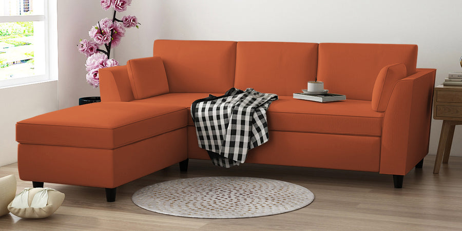 Bristo Velvet Rhs Sectional Sofa 2 Ottoman Lounger In Yam Orange Colour - Febonic Living