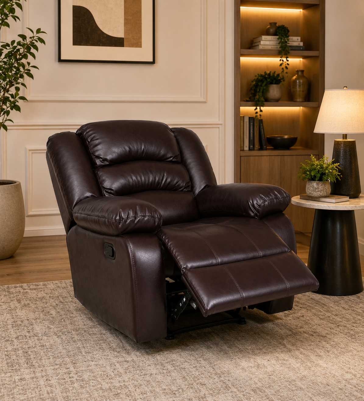 Burdy 1 Seater Motorized Leatherette Recliner - Carob Brown - Open View by Febonic Living