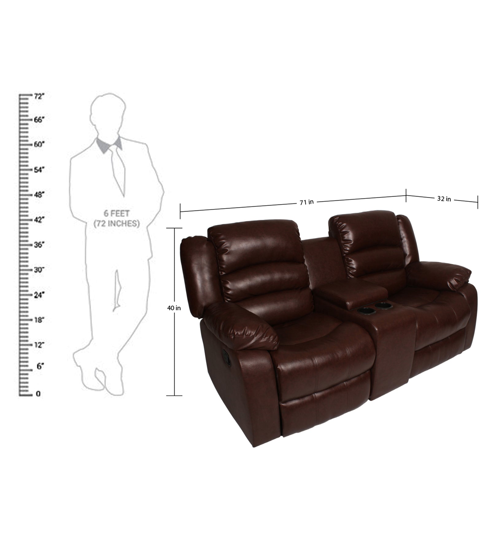 Burdy 2 Seater Motorized Leatherette Recliner - Wine Brown - Dimensions by Febonic Living