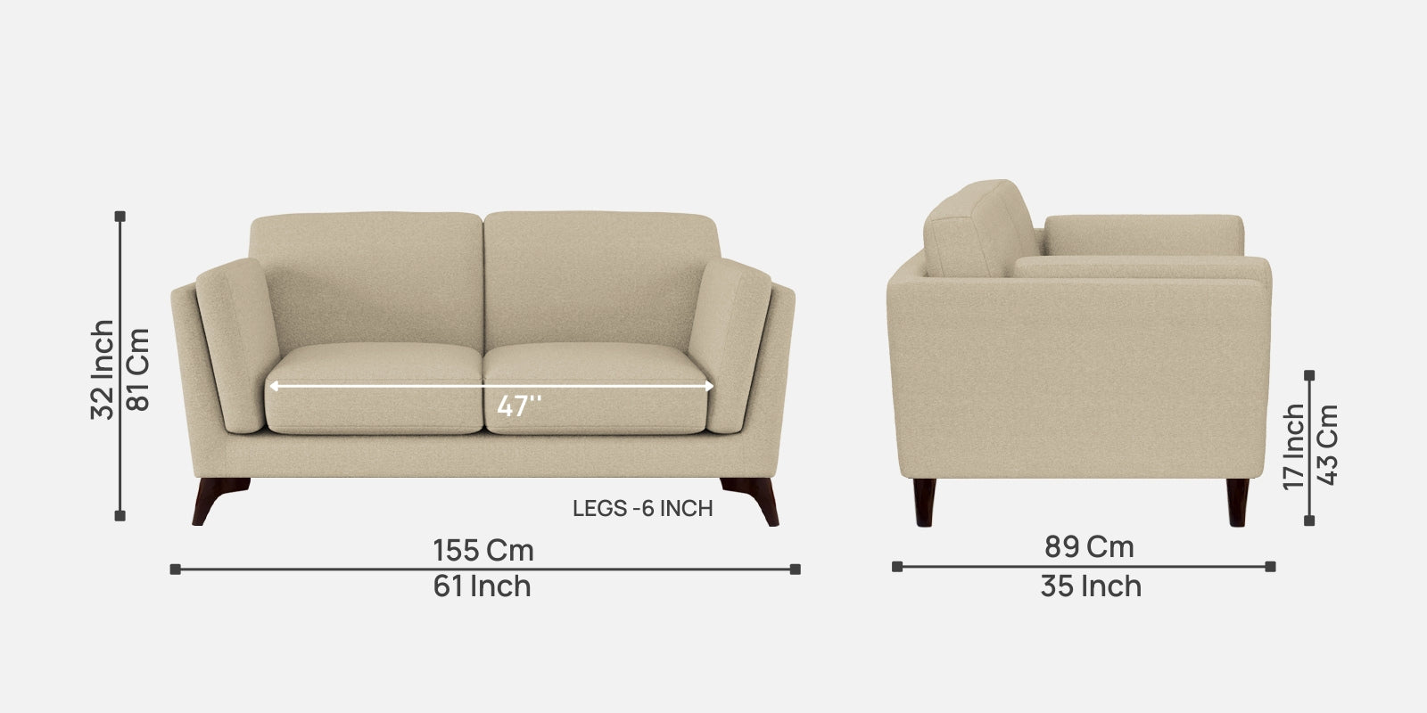 Candy Fabric 2 Seater Sofa In Cotton Beige Colour