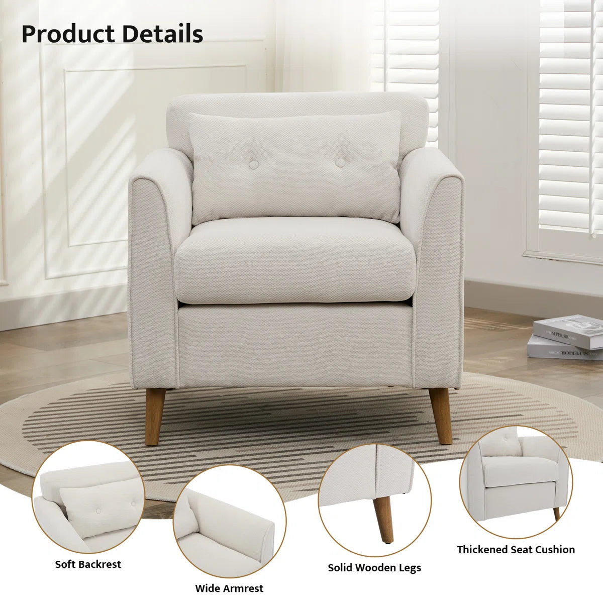 Kavira Fabric Arm Chair In Bone Beige Colour