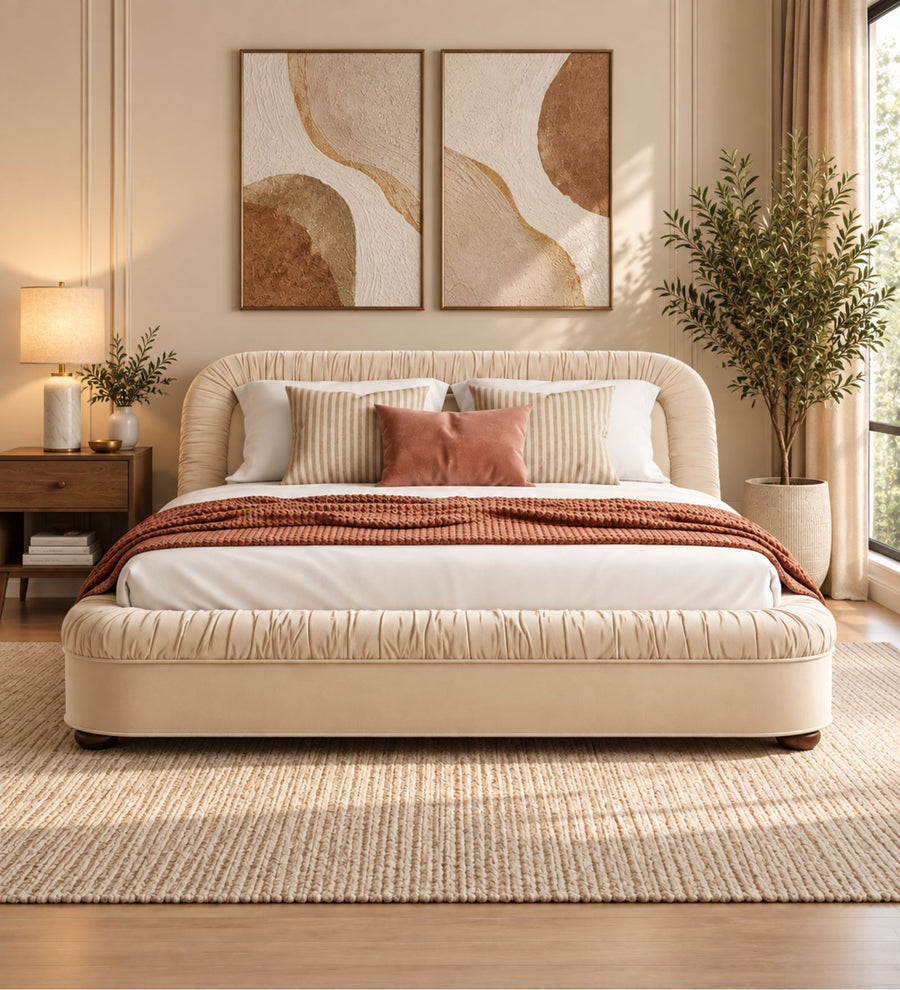 Casa Haven Velvet Queen Size Bed - Camel Beige | Hydraulic Storage