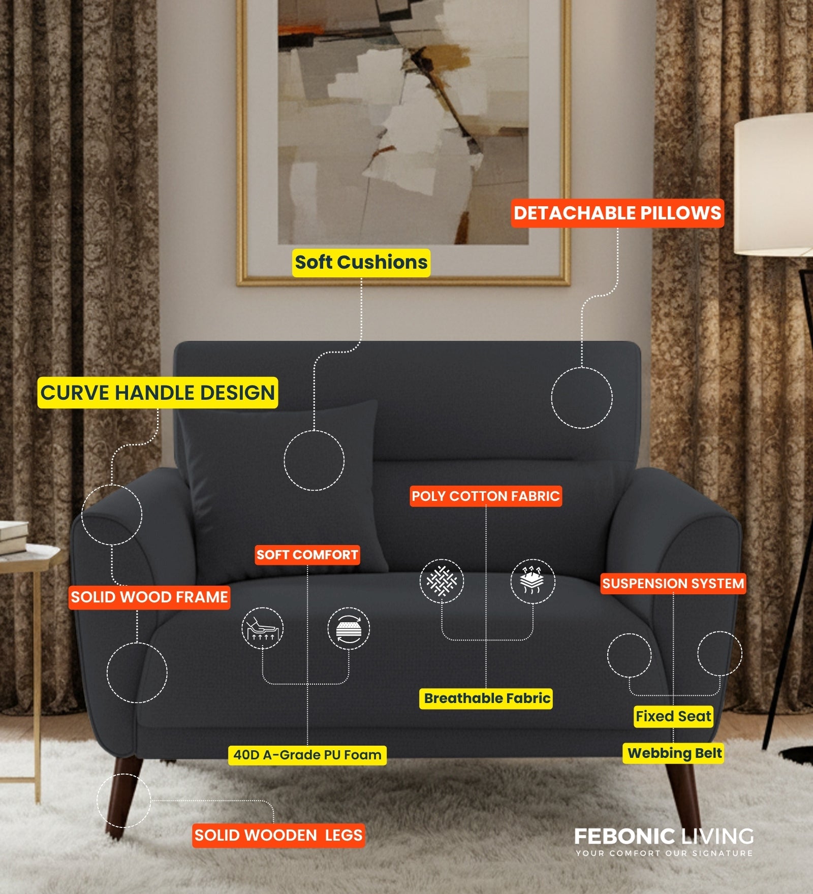 Castro Fabric 1 Seater Sofa In Lit Grey Colour