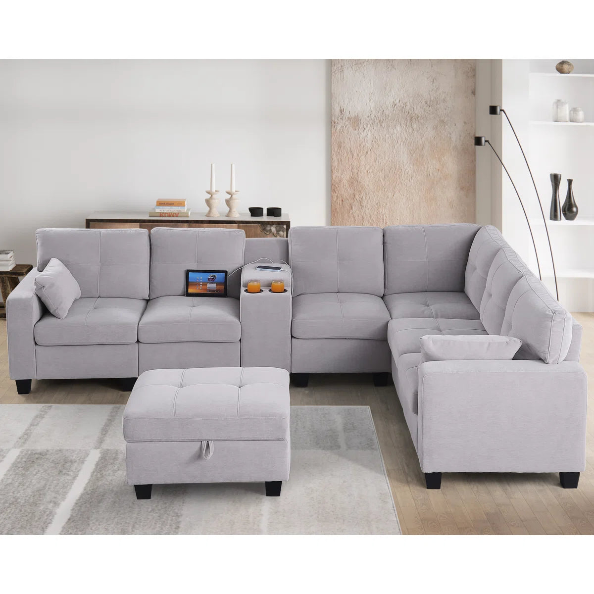 Tryston Fabric Corner Sofa With Storage Ottoman In Lit Grey Colour