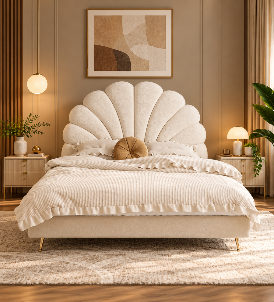 Clara Velvet King Size Bed - Warm White