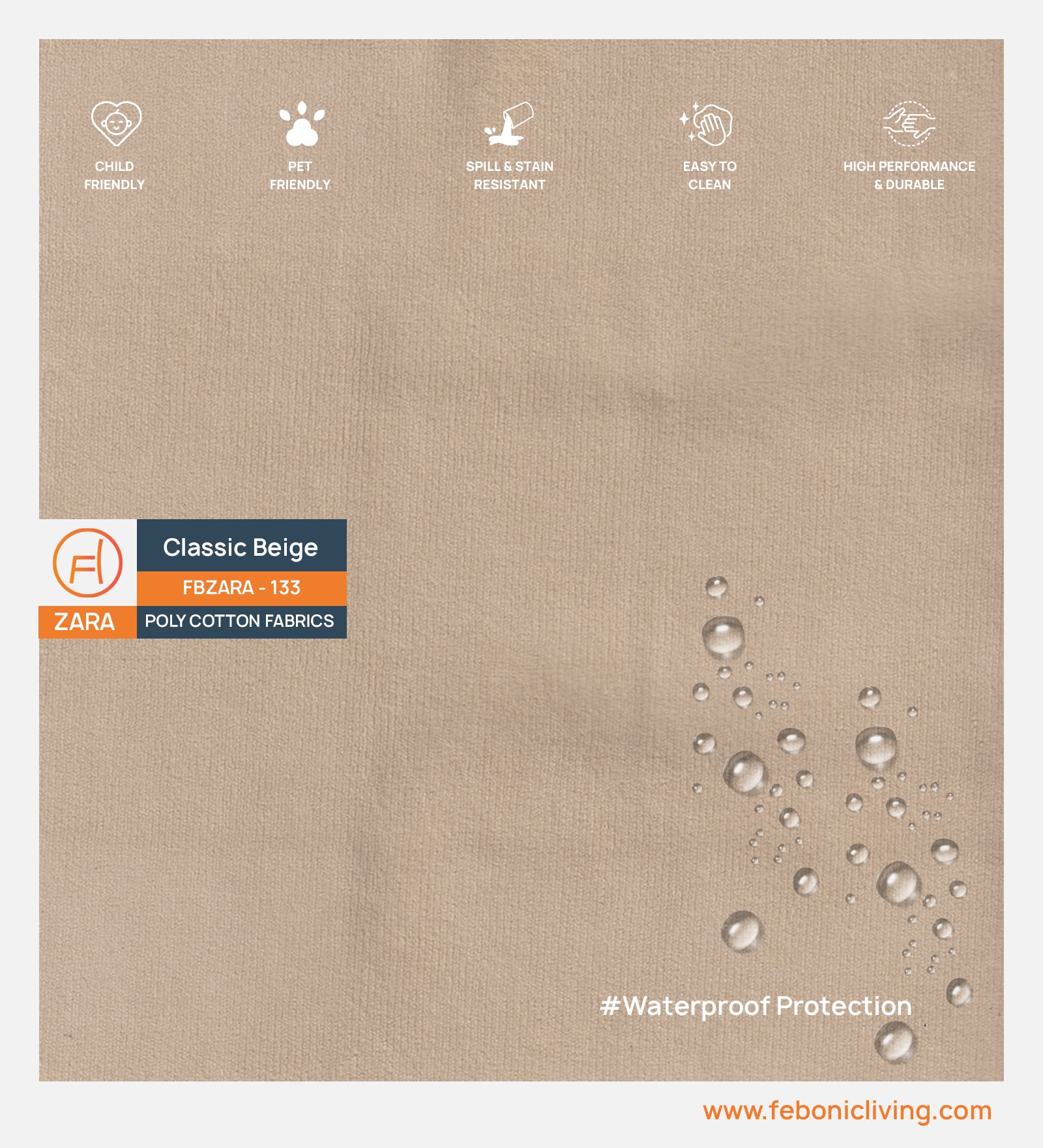Velvet Zara Water Proof Fabric Classic Beige 133 Code - Febonic Living