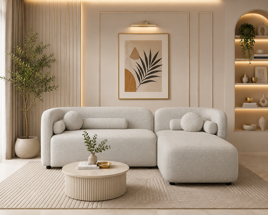 Cloud Bouclé L-Shaped Sofa with Chaise Lounge – Ivory White - Living View by Febonic Living