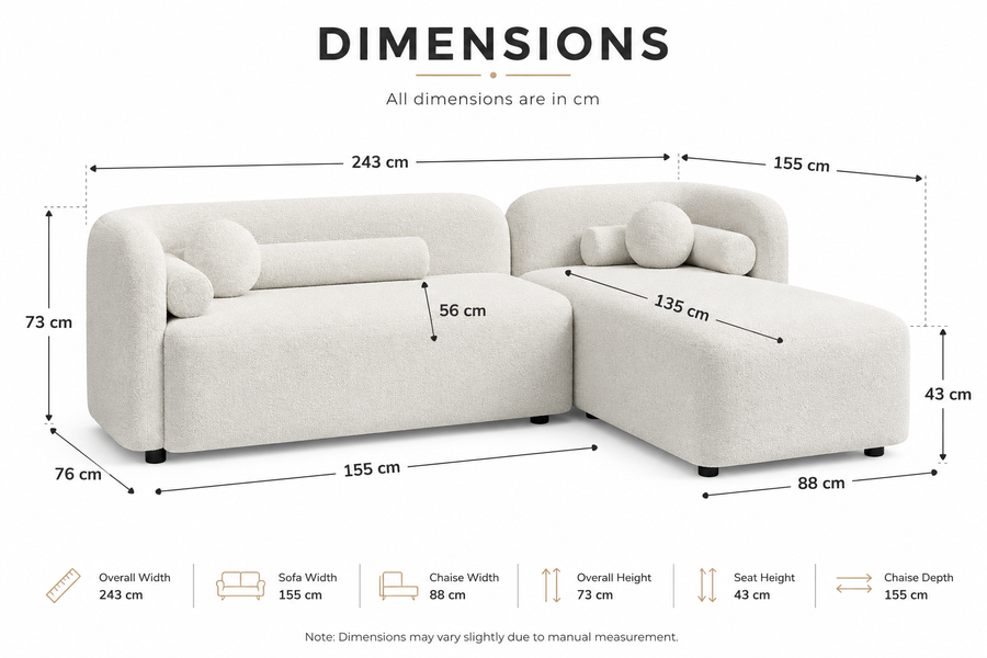 Cloud Bouclé L-Shaped Sofa with Chaise Lounge – Ivory White - Dimensions by Febonic Living