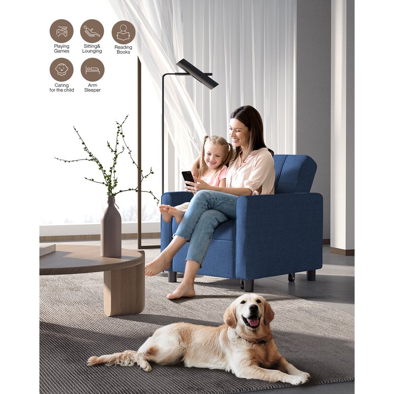Puppy Fabric 1 Seater Pull Out Sofa Cum Bed In Light Blue Colour - Febonic Living