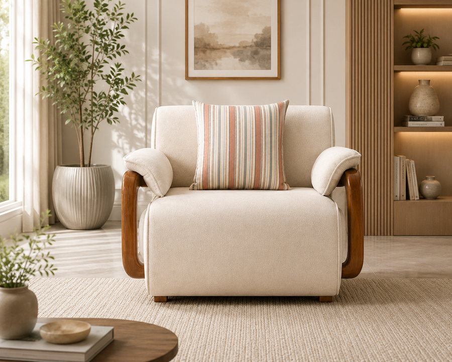 Corvin 1 Seater Fabric Sofa with Wooden Loop Arm - Cream Beige - Living View by Febonic Living
