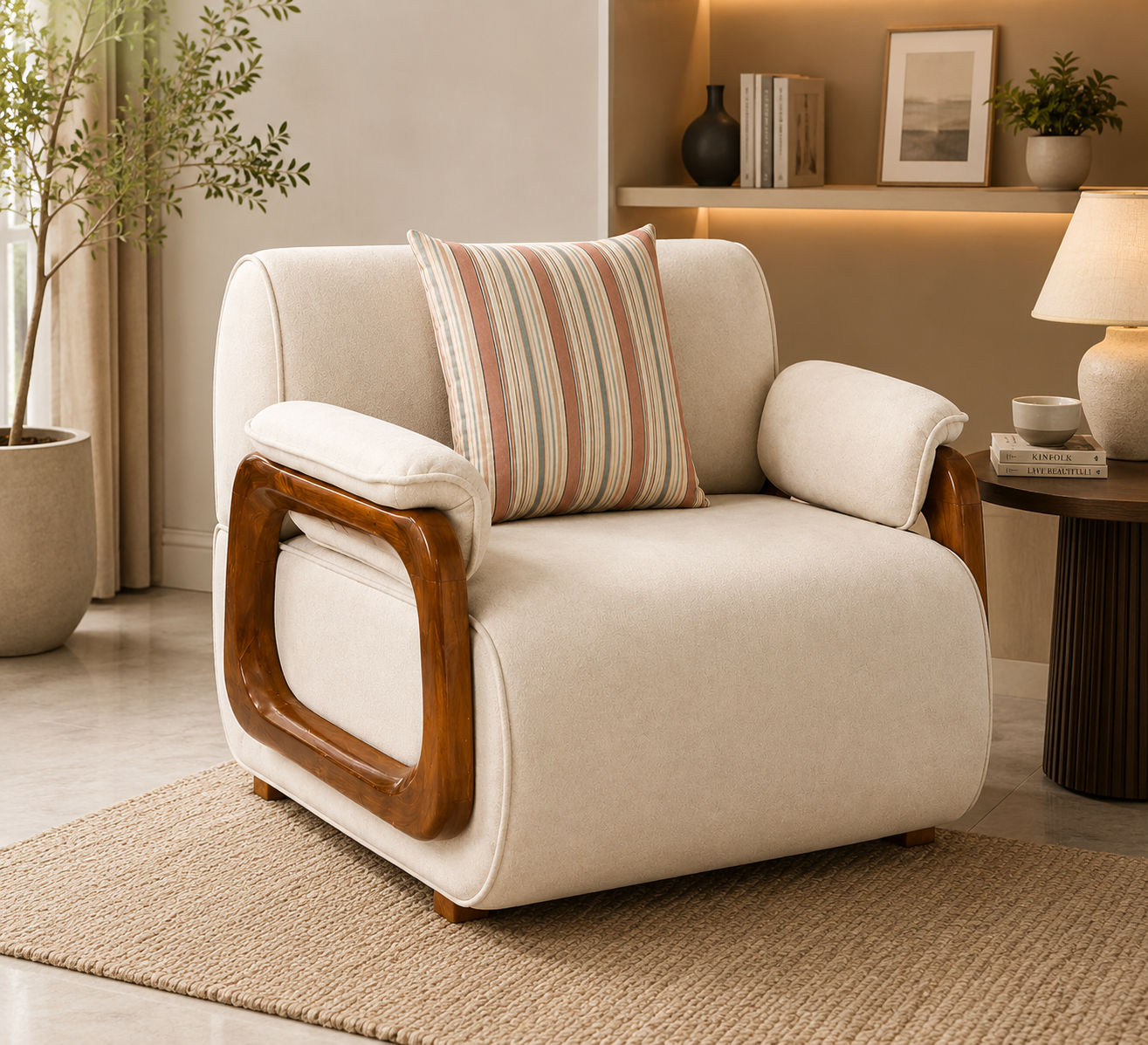 Corvin 1 Seater Fabric Sofa with Wooden Loop Arm - Cream Beige - Living View 1 by Febonic Living