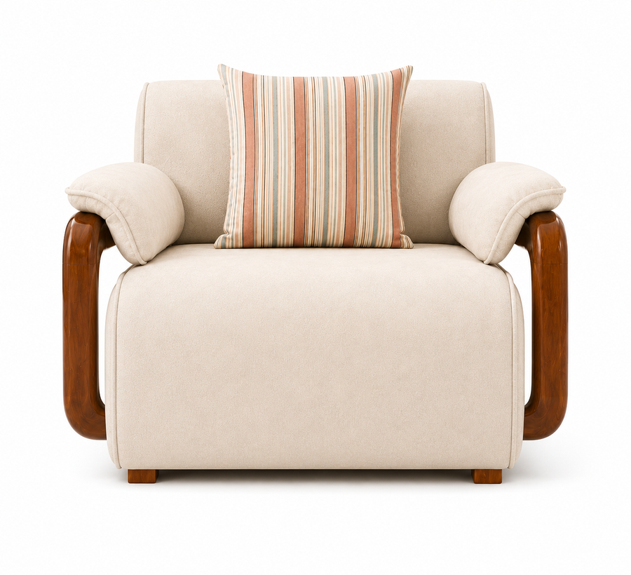 Corvin 1 Seater Fabric Sofa with Wooden Loop Arm - Cream Beige - Front View by Febonic Living