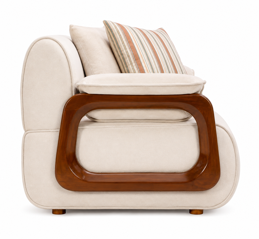 Corvin 1 Seater Fabric Sofa with Wooden Loop Arm - Cream Beige - Side View by Febonic Living