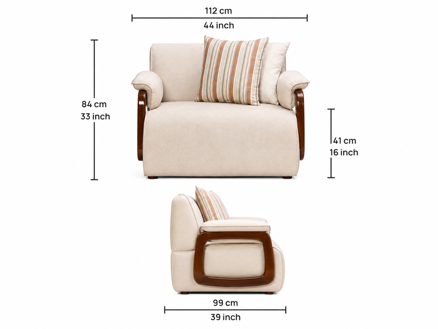 Corvin 1 Seater Fabric Sofa with Wooden Loop Arm - Cream Beige - Dimensions by Febonic Living
