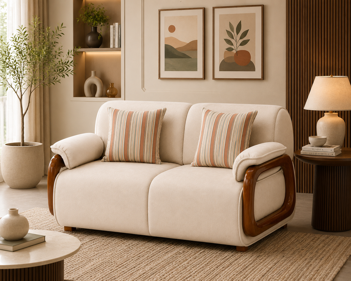 Corvin 2 Seater Fabric Sofa with Wooden Loop Arm - Cream Beige - Living View by Febonic Living