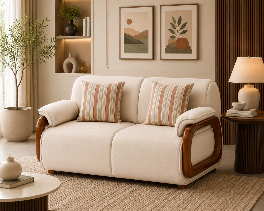 Corvin 2 Seater Fabric Sofa with Wooden Loop Arm - Cream Beige - Living View by Febonic Living
