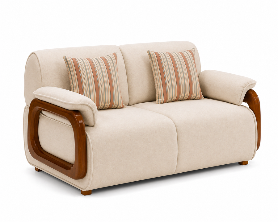 Corvin 2 Seater Fabric Sofa with Wooden Loop Arm - Cream Beige - Slant View by Febonic Living