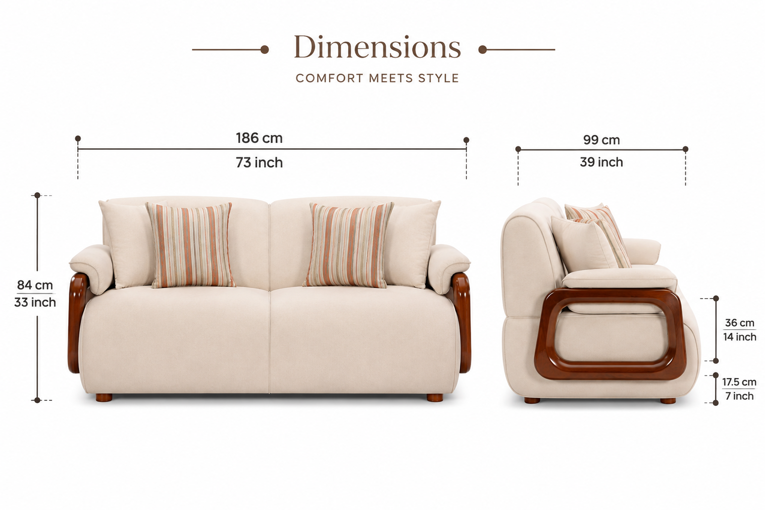 Corvin 2 Seater Fabric Sofa with Wooden Loop Arm - Cream Beige - Dimensions by Febonic Living