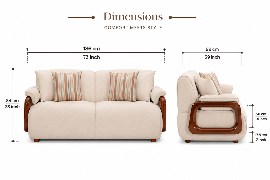 Corvin 2 Seater Fabric Sofa with Wooden Loop Arm - Cream Beige - Dimensions by Febonic Living