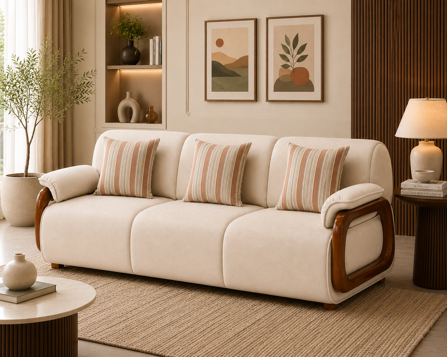 Corvin 3 Seater Fabric Sofa with Wooden Loop Arm - Cream Beige - Living View by Febonic Living
