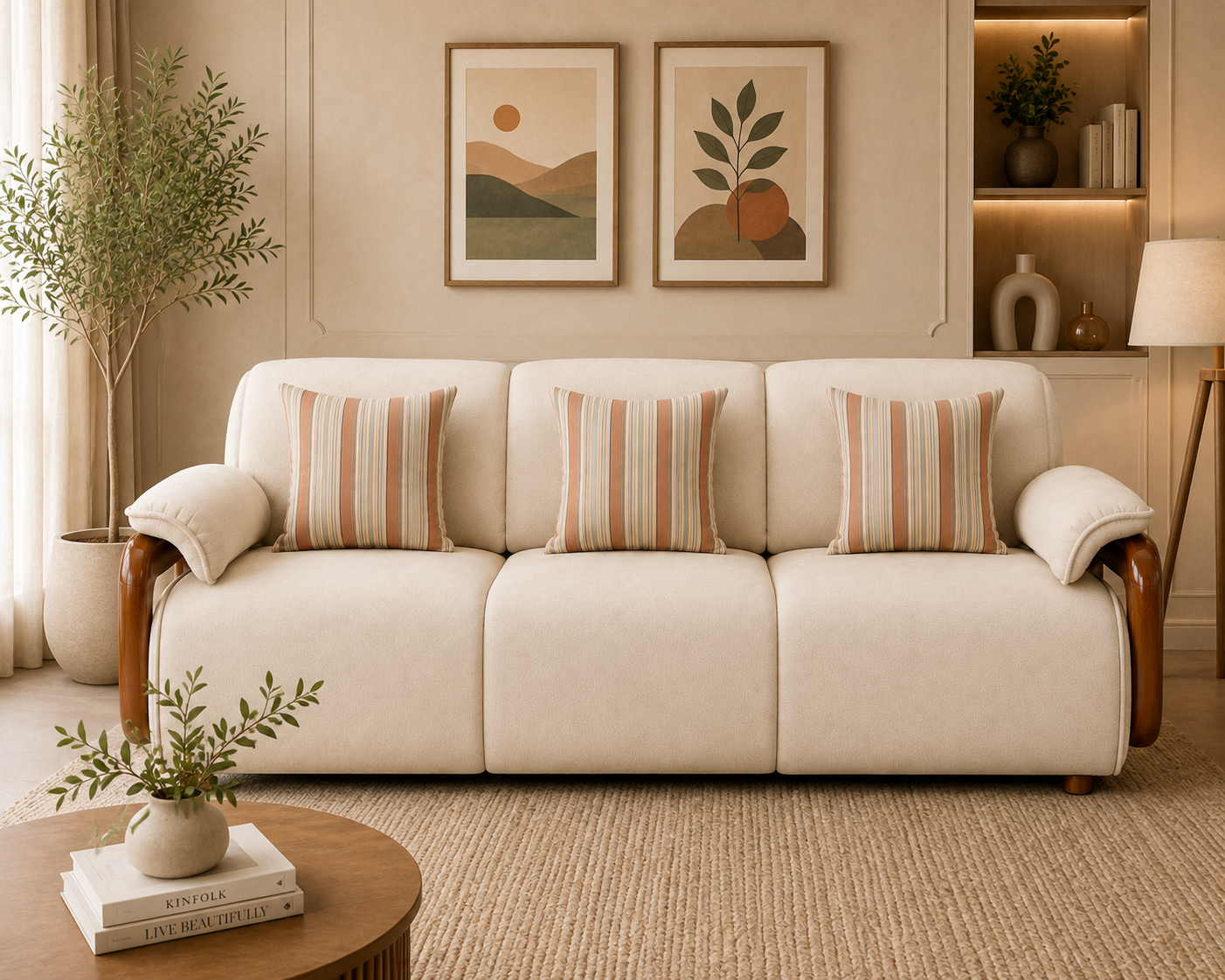 Corvin 3 Seater Fabric Sofa with Wooden Loop Arm - Cream Beige - Living View 1 by Febonic Living