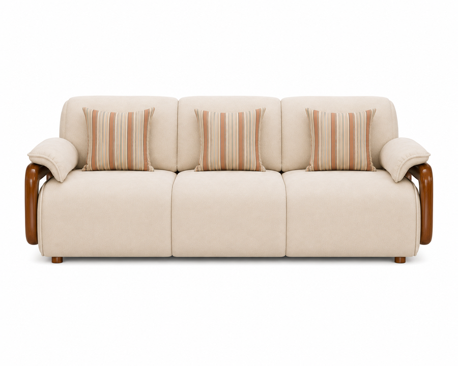 Corvin 3 Seater Fabric Sofa with Wooden Loop Arm - Cream Beige - Front View by Febonic Living