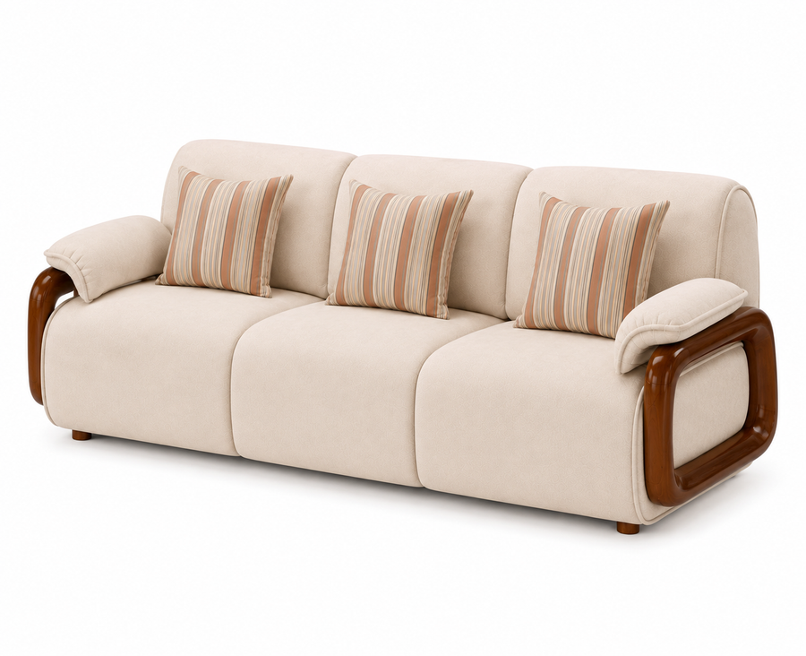 Corvin 3 Seater Fabric Sofa with Wooden Loop Arm - Cream Beige - Slant View by Febonic Living
