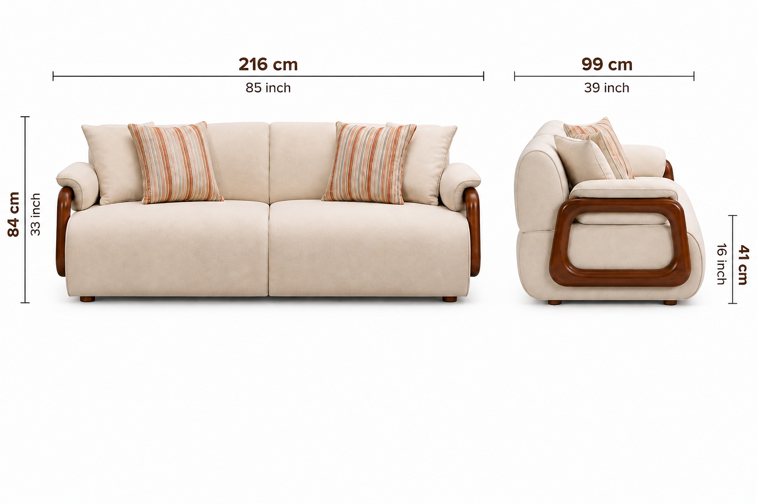 Corvin 3 Seater Fabric Sofa with Wooden Loop Arm - Cream Beige - Dimensions by Febonic Living