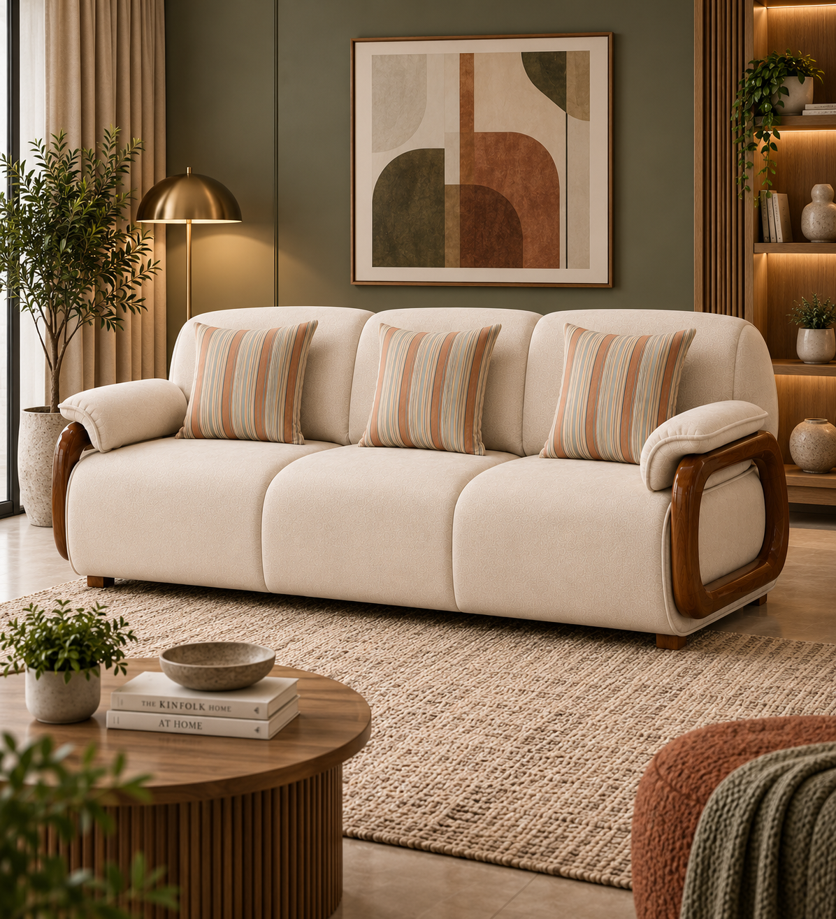 Corvin 3 Seater Fabric Sofa with Wooden Loop Arm - Cream Beige