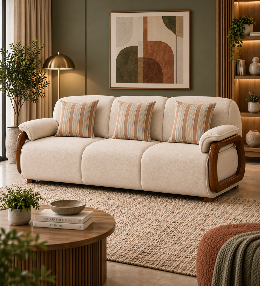 Corvin 3 Seater Fabric Sofa with Wooden Loop Arm - Cream Beige