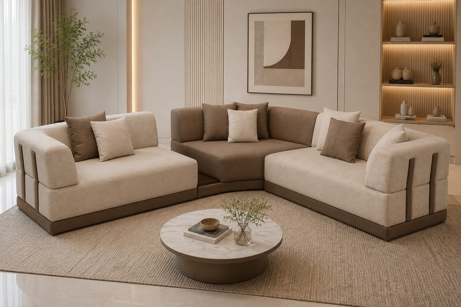 Crown L-Shaped Sectional Fabric Sofa with Two-Tone Upholstery - Cream & Brown - Living View by Febonic Living