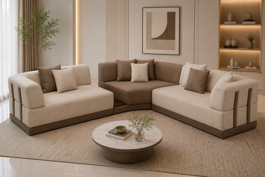 Crown L-Shaped Sectional Fabric Sofa with Two-Tone Upholstery - Cream & Brown - Living View by Febonic Living