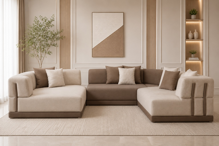 Crown L-Shaped Sectional Fabric Sofa with Two-Tone Upholstery - Cream & Brown - Living View 1 by Febonic Living