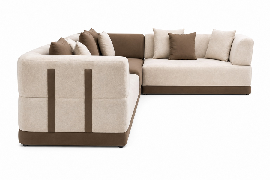 Crown L-Shaped Sectional Fabric Sofa with Two-Tone Upholstery - Cream & Brown - Side View by Febonic Living