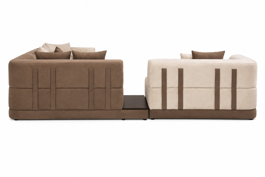 Crown L-Shaped Sectional Fabric Sofa with Two-Tone Upholstery - Cream & Brown - Back View by Febonic Living