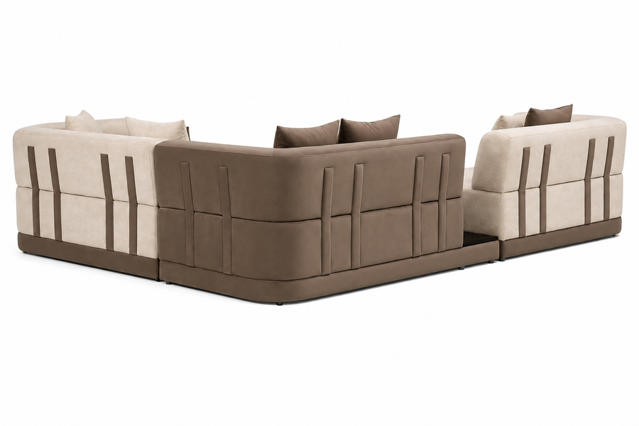 Crown L-Shaped Sectional Fabric Sofa with Two-Tone Upholstery - Cream & Brown - Back Side View by Febonic Living