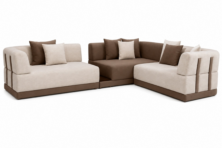 Crown L-Shaped Sectional Fabric Sofa with Two-Tone Upholstery - Cream & Brown - Front View by Febonic Living